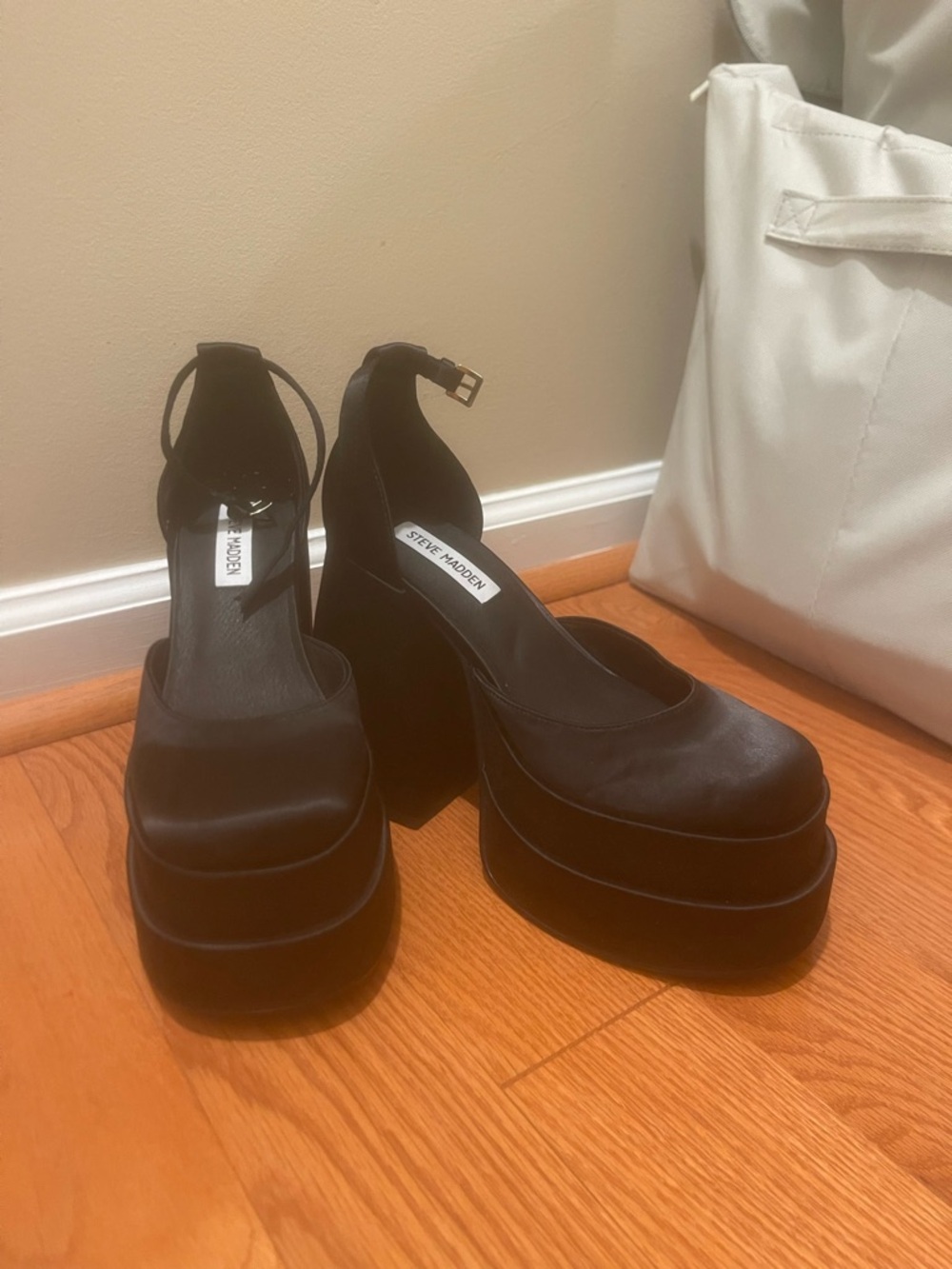 Steve Madden Charlize Satin Platform Heels With Ankle Strap In Black Satin